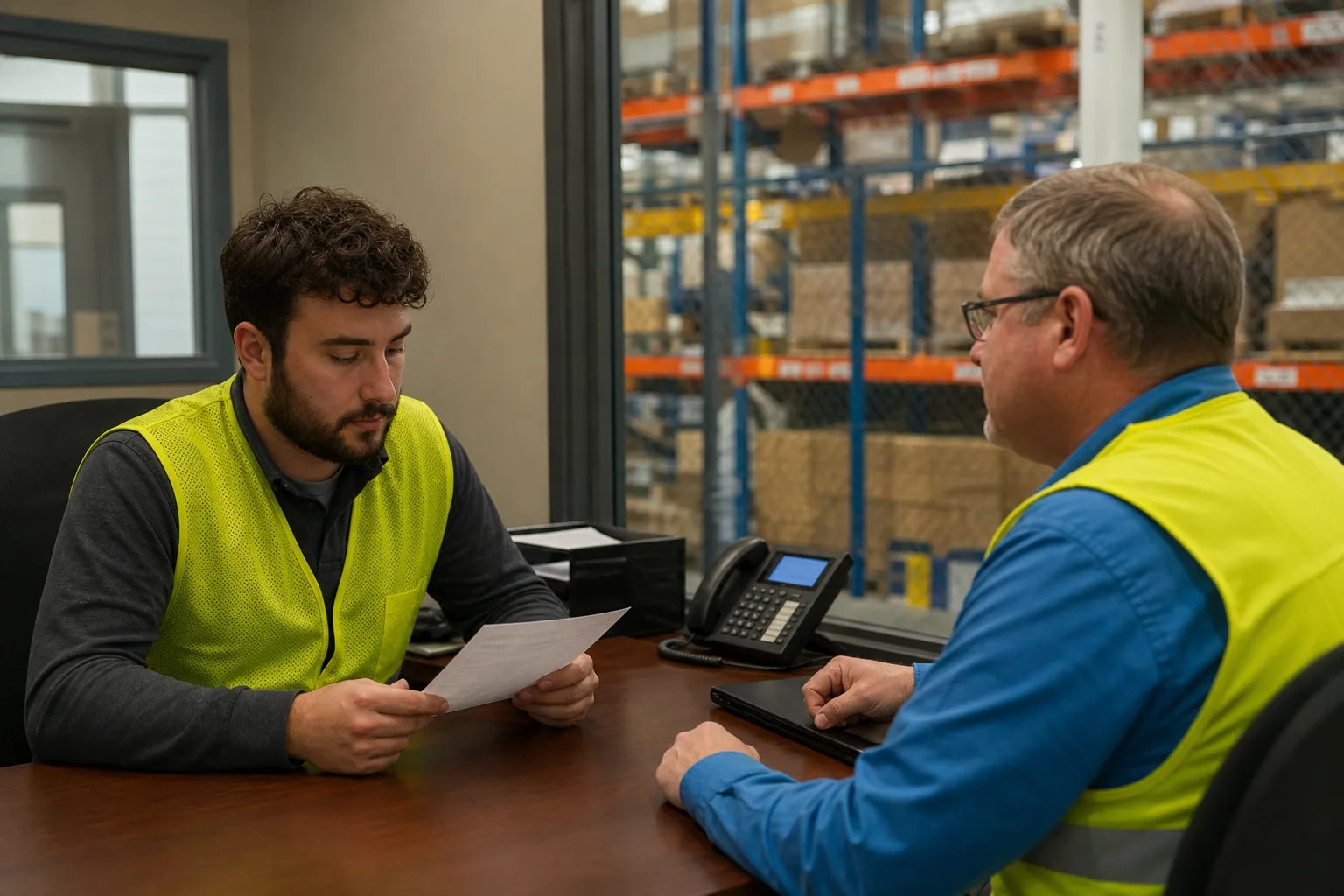 Worker and supervisor reviewing written work restrictions in an Indiana warehouse office