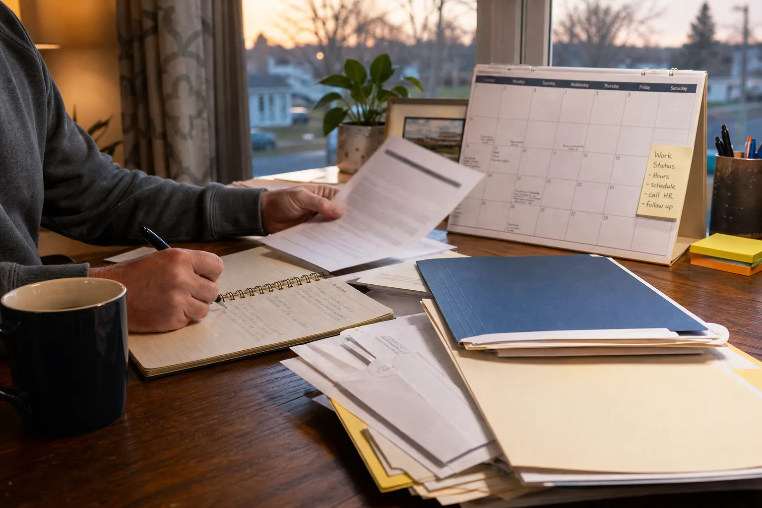 Injured worker tracking leave days, restrictions, and benefit records on a calendar