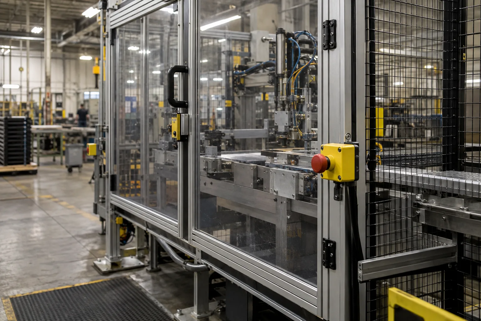 Safety guard and emergency stop on an industrial machine