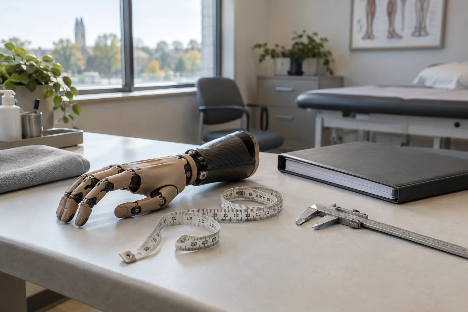 Prosthetic hand model and measuring tools in a consultation room