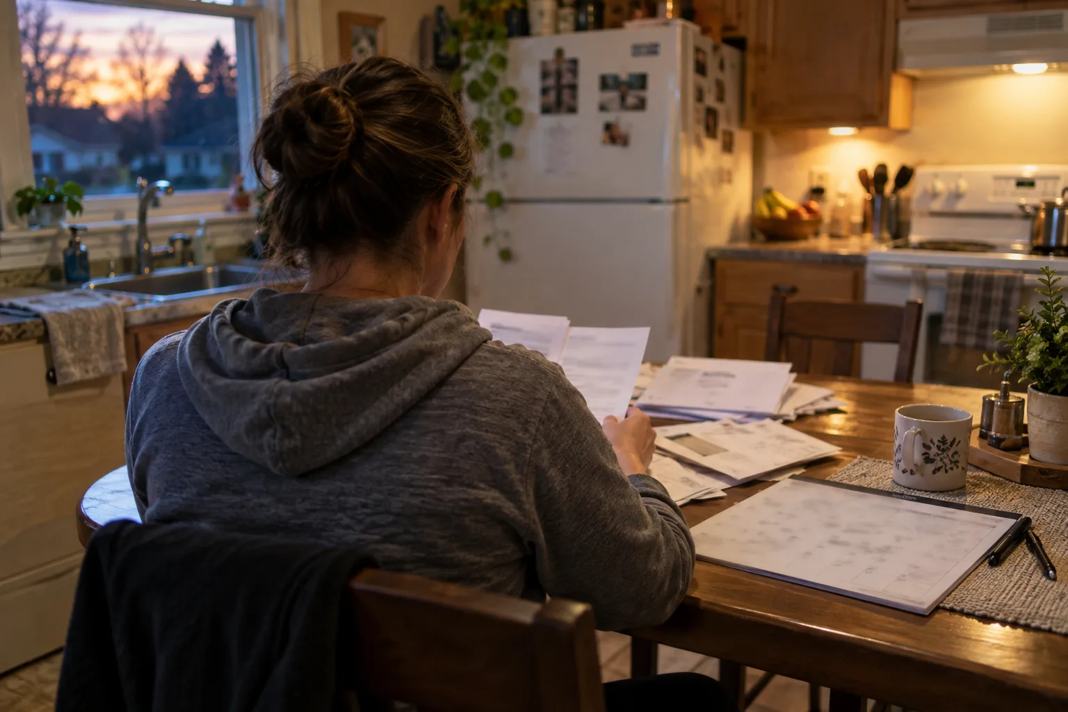 Worker organizing claim letters and a calendar at home