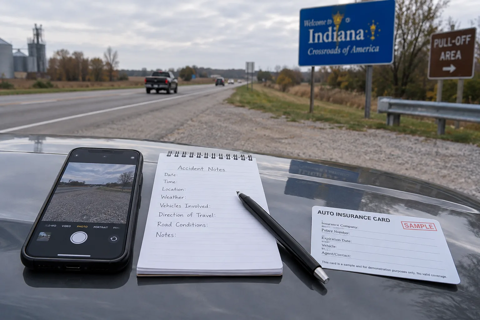 Phone, notepad, and insurance card prepared for documenting crash evidence