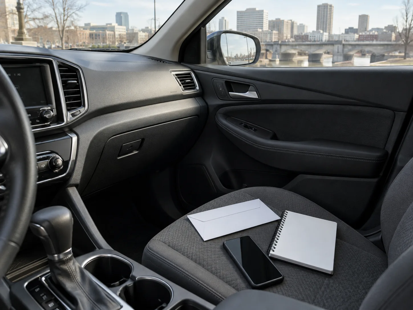 Insurance documents and a claim notebook inside a parked vehicle