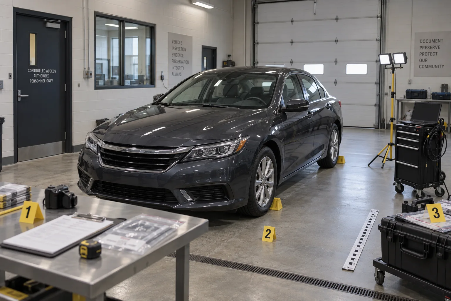 Vehicle preserved in a secure inspection bay for evidence review