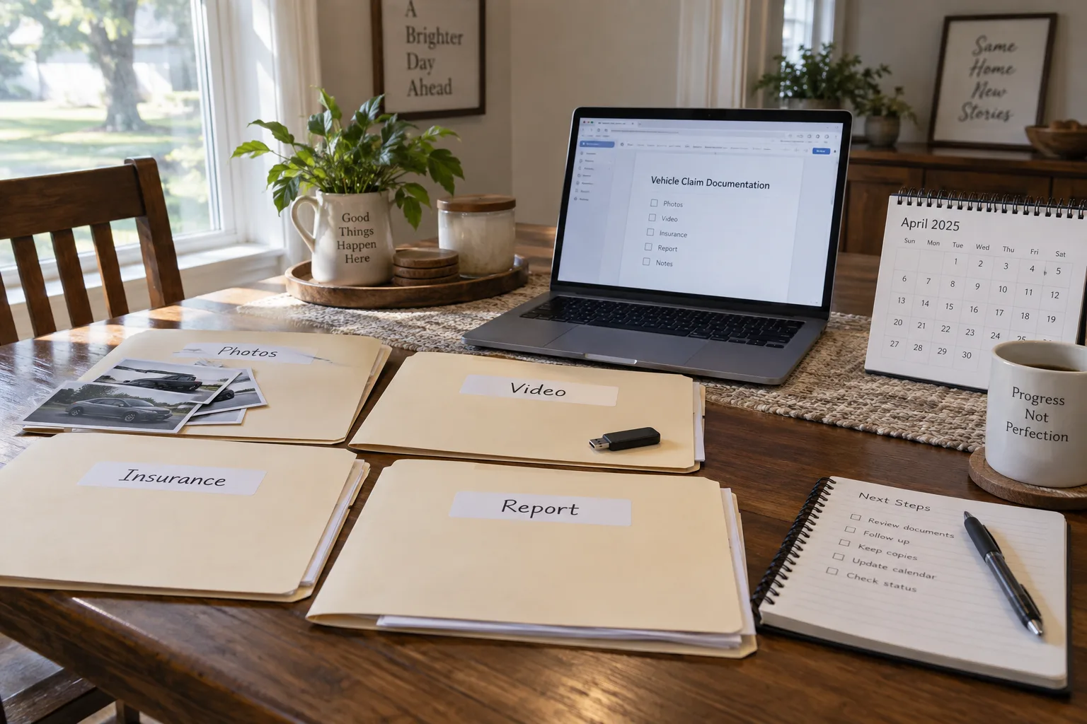 Organized folders for photos, video, insurance, and a crash report