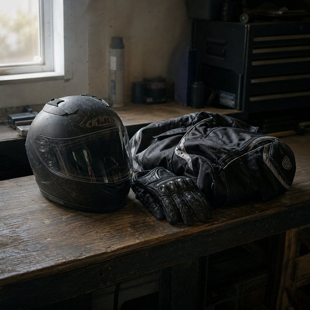 A motorcycle helmet, gloves, and jacket on a workbench, illustrating the protective gear riders should preserve in original condition after an Indiana motorcycle crash.