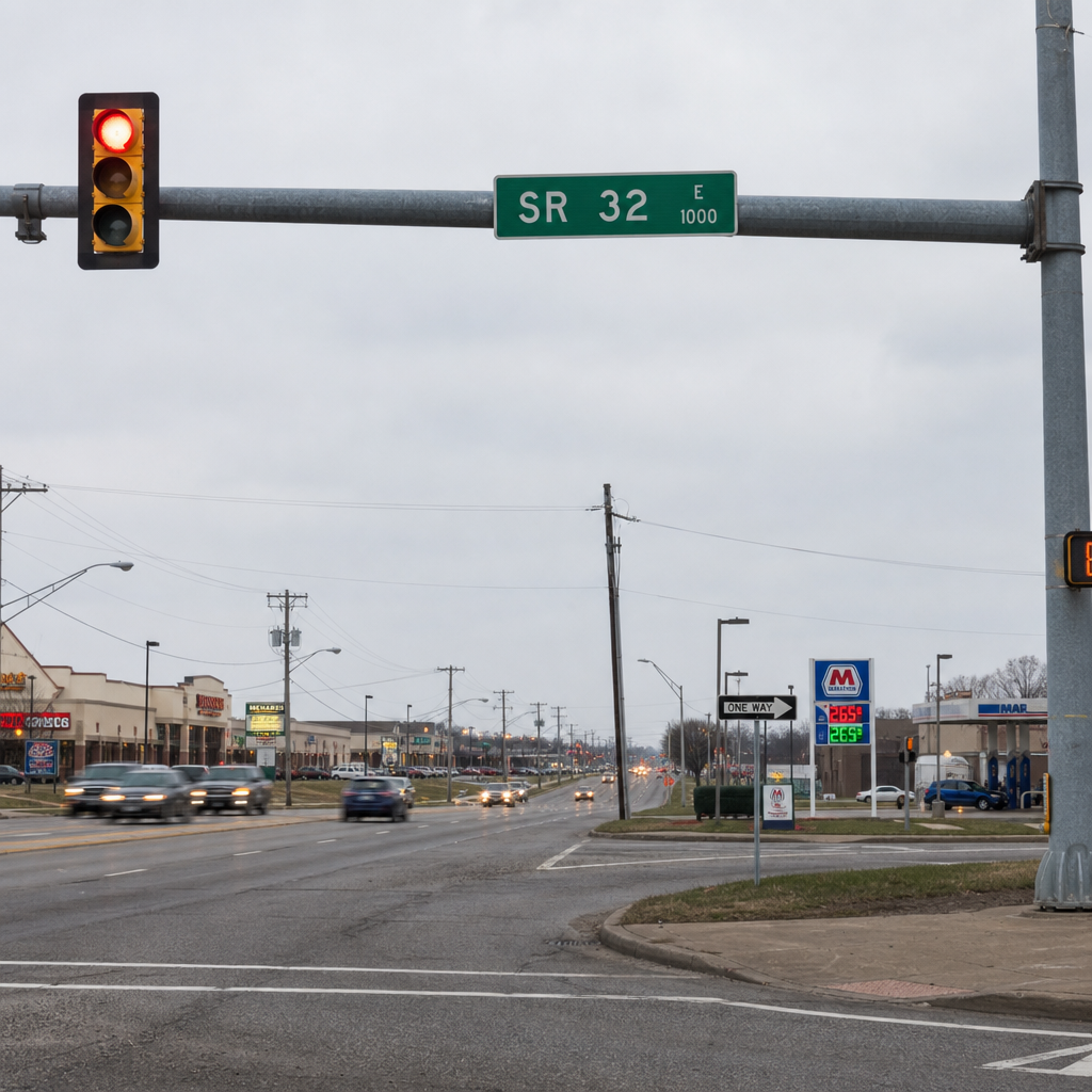 Suburban arterial intersection with commercial frontage in southwest Fort Wayne, illustrating the kind of business camera sources that may capture motorcycle crashes near U.S. 24 and Homestead Road.