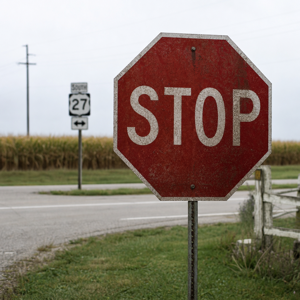 A weathered stop sign on a rural county road approaching U.S. 27 in Adams County, Indiana, photographed under overcast daylight, the kind of stop-controlled crossing involved in the May 30, 2026 rollover crash
