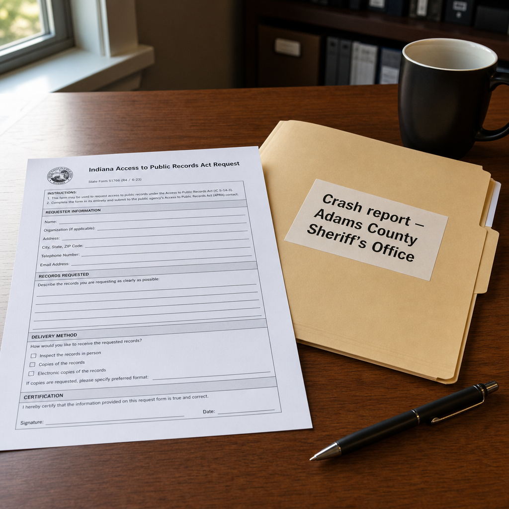 An Indiana Access to Public Records Act request form and a manila folder labeled 'Crash report, Adams County Sheriff's Office' on a wooden desk, the routine documentary step that opens an Adams County intersection-crash investigation