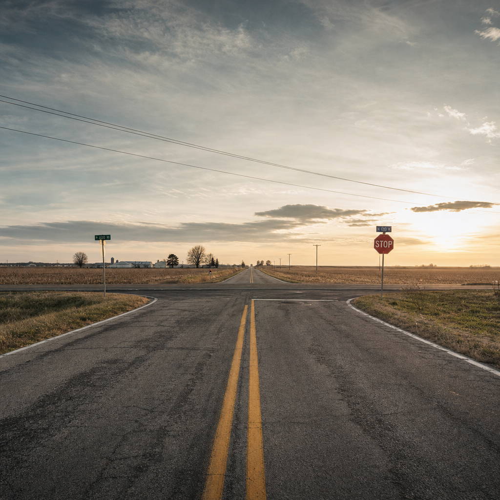 A two-lane rural Indiana state highway in late-afternoon golden hour, approaching a stop-controlled county road crossing similar to U.S. 27 at CR 300 N in Adams County, the high-speed through corridor that shapes right-of-way analysis