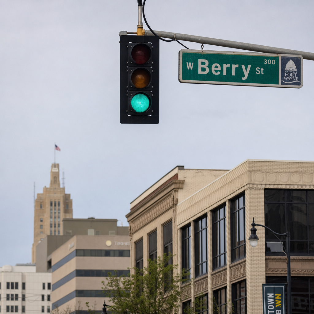 Traffic signal head and street-name signs at a downtown Fort Wayne, Indiana intersection, illustrating how right-of-way disputes are decided after a crash.