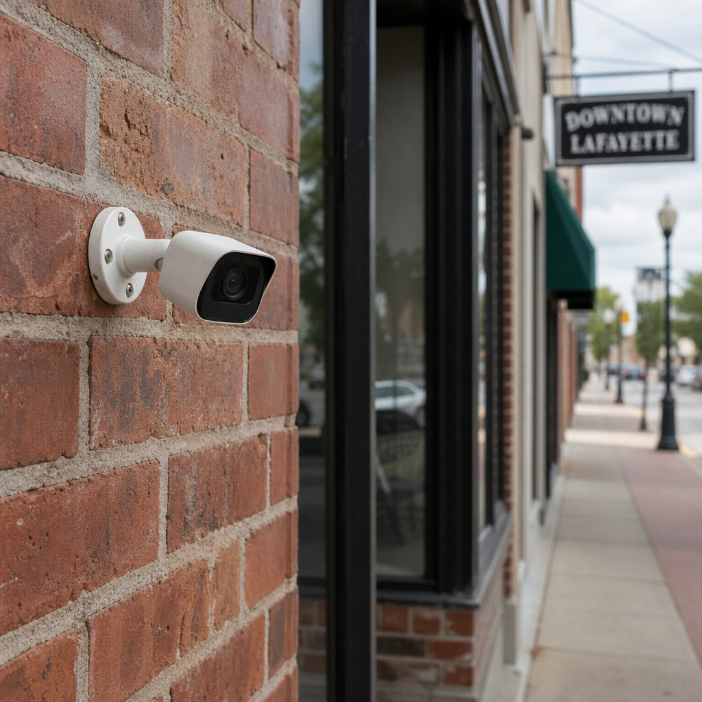 Exterior security camera on a downtown Fort Wayne business, representing surveillance footage that can help prove fault after an intersection crash.