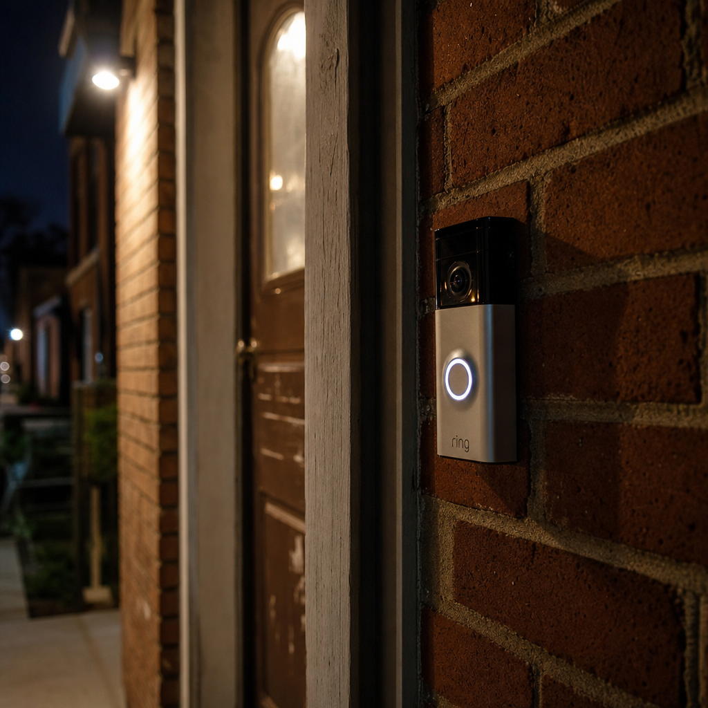 Residential doorbell camera near an urban Fort Wayne home, illustrating the kind of overnight video evidence that can help identify a hit-and-run driver.