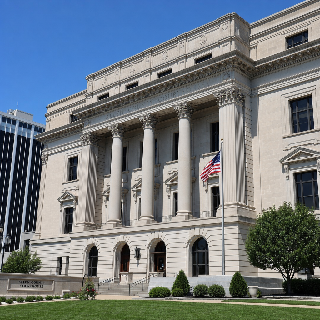 The Allen County Courthouse in downtown Fort Wayne, Indiana, where wrongful-death and personal-injury cases tied to local crashes are filed and litigated.