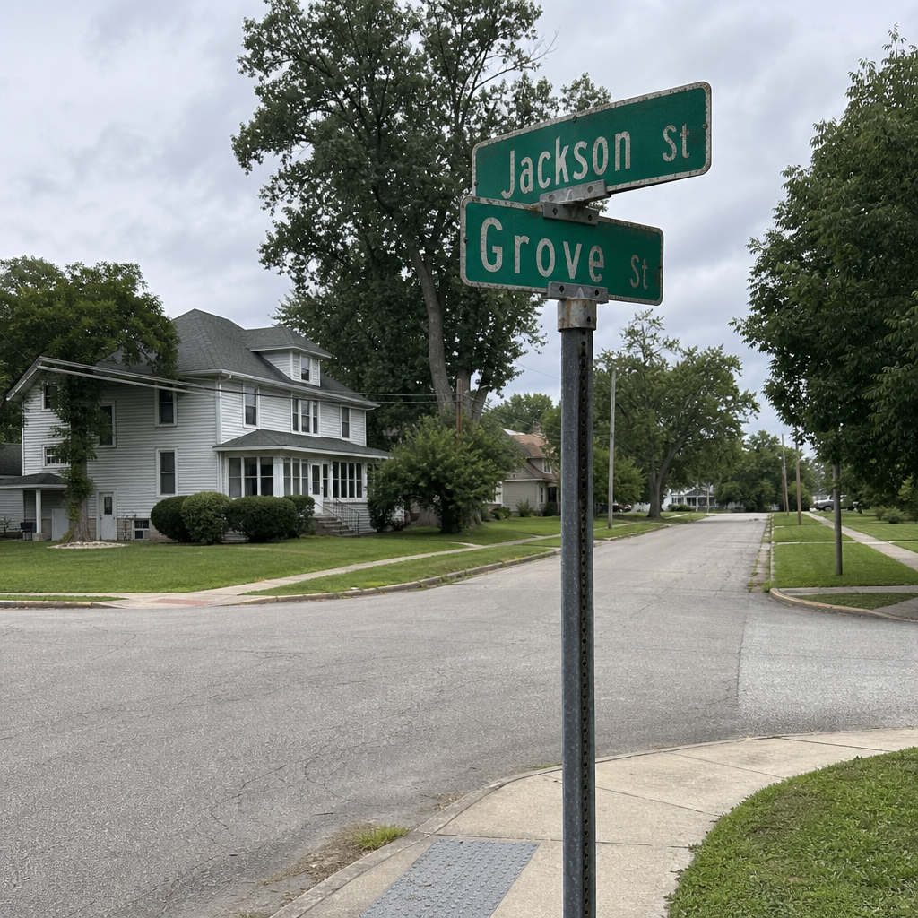 Residential street-name signs at a small-town Northeast Indiana intersection similar to Jackson Street and Grove Street in Rome City.