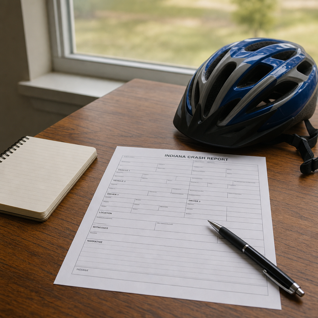 Indiana crash report paperwork and a child's bicycle helmet illustrating the records and documentation families may encounter after a bicycle crash.