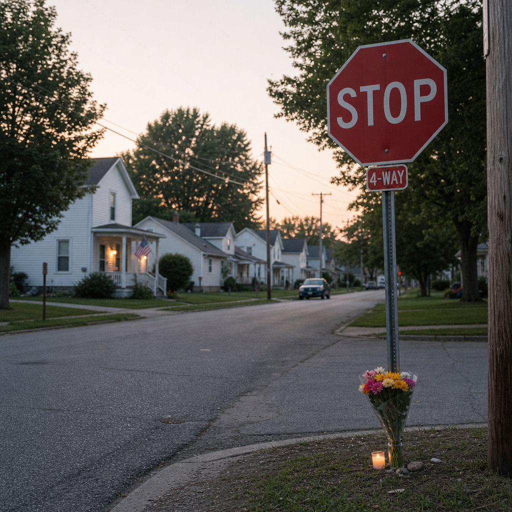 Candle and flowers at a Rome City intersection reflecting community mourning after a child bicycle fatality in Noble County, Indiana.