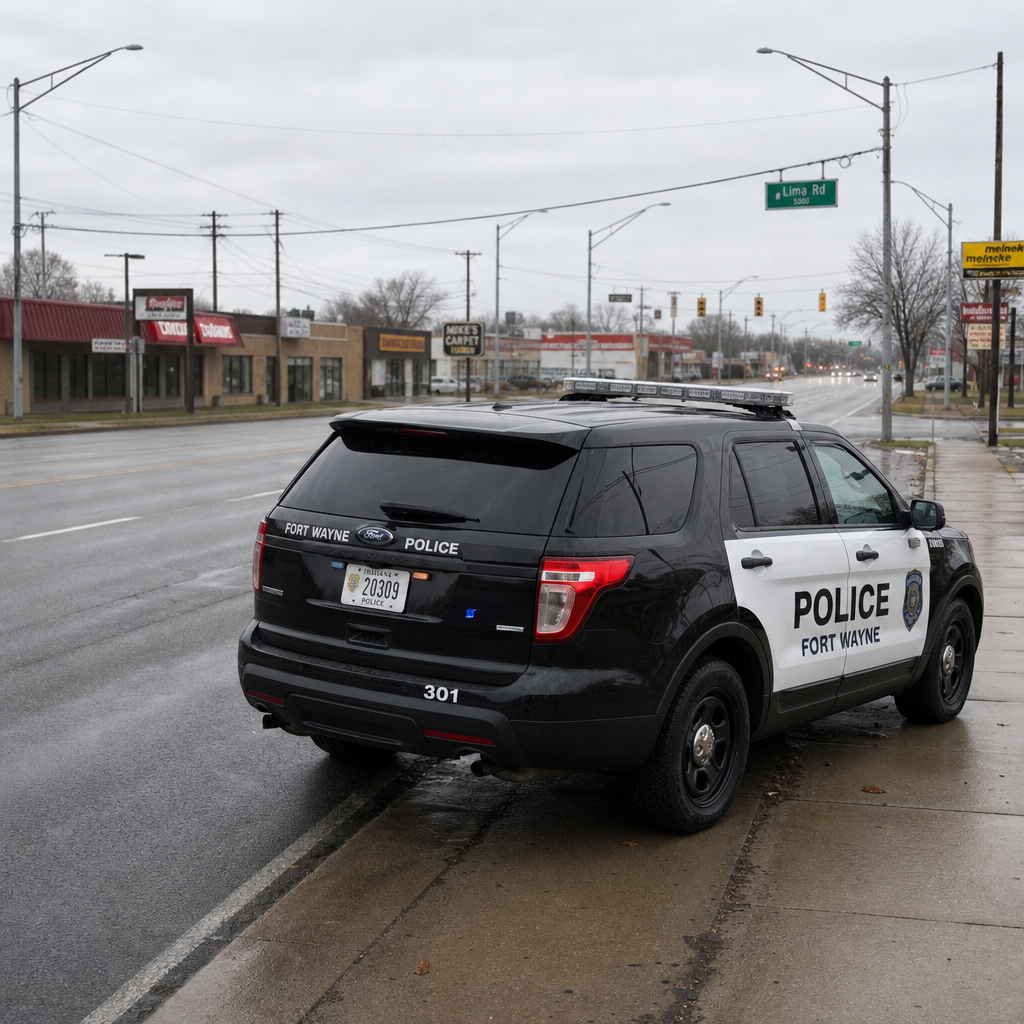 A Fort Wayne Police Department patrol vehicle on a south-side Fort Wayne arterial, representing the agency investigating the Lafayette Street crash.