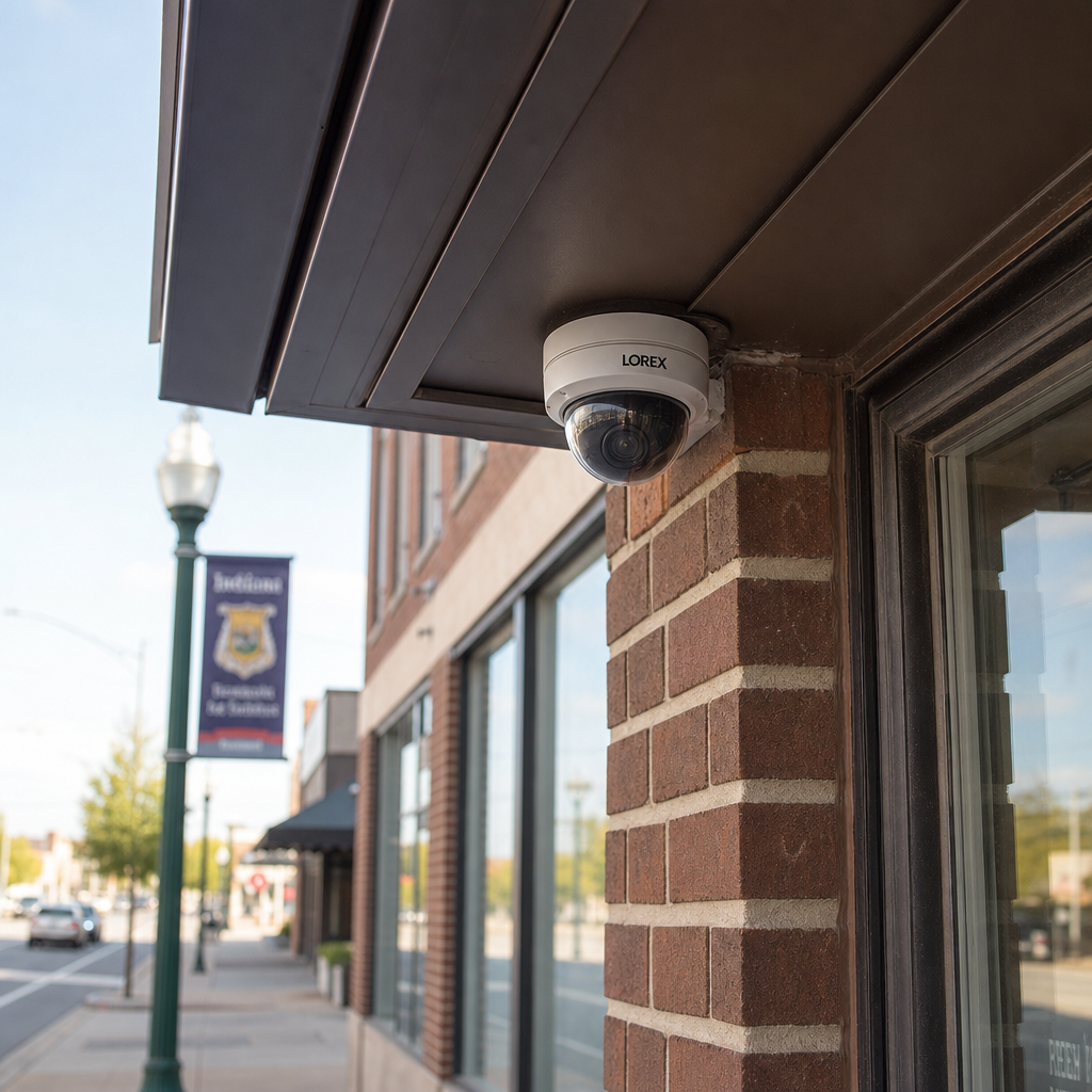 Private security camera mounted on a south-side Fort Wayne storefront, illustrating the kind of footage that can document an intersection crash.