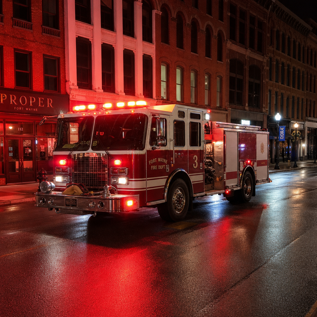 Fort Wayne Fire Department engine on a downtown street at night, illustrating the emergency response to the fiery Uber crash at East Wayne and South Clinton.