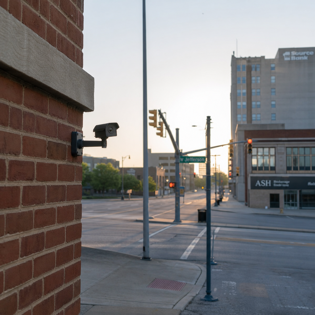 Downtown Fort Wayne security camera overlooking an intersection, representing the surveillance footage that can establish red-light fault in an Allen County crash claim.