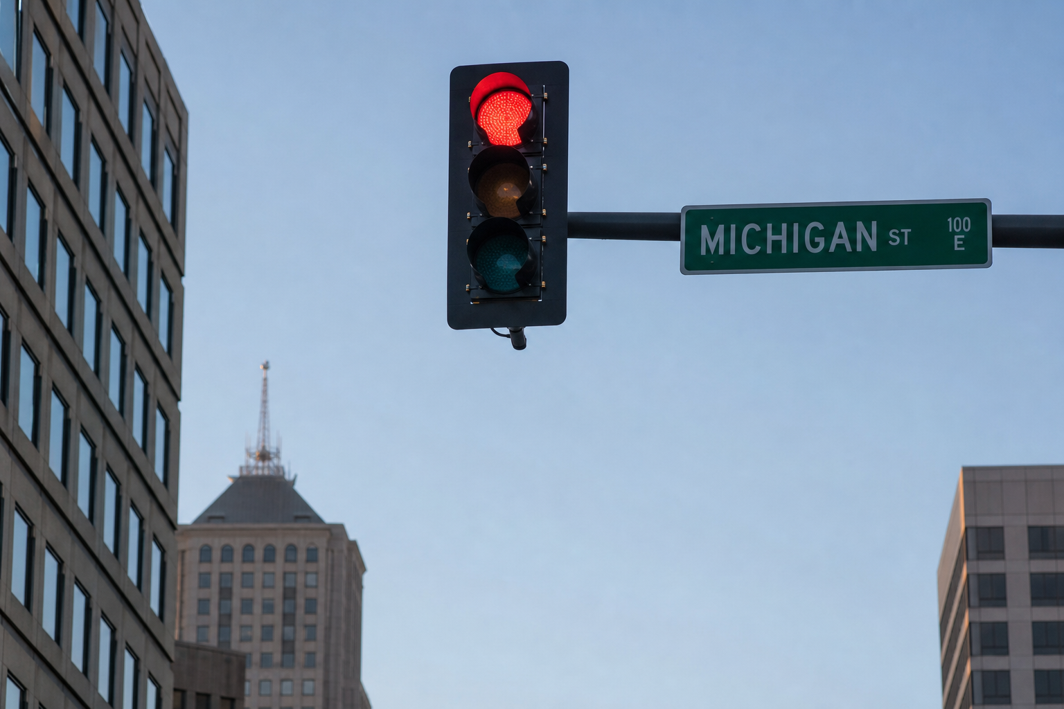 A red traffic signal head at a Fort Wayne intersection, illustrating the right-of-way question central to red-light intersection crash claims under Indiana law.