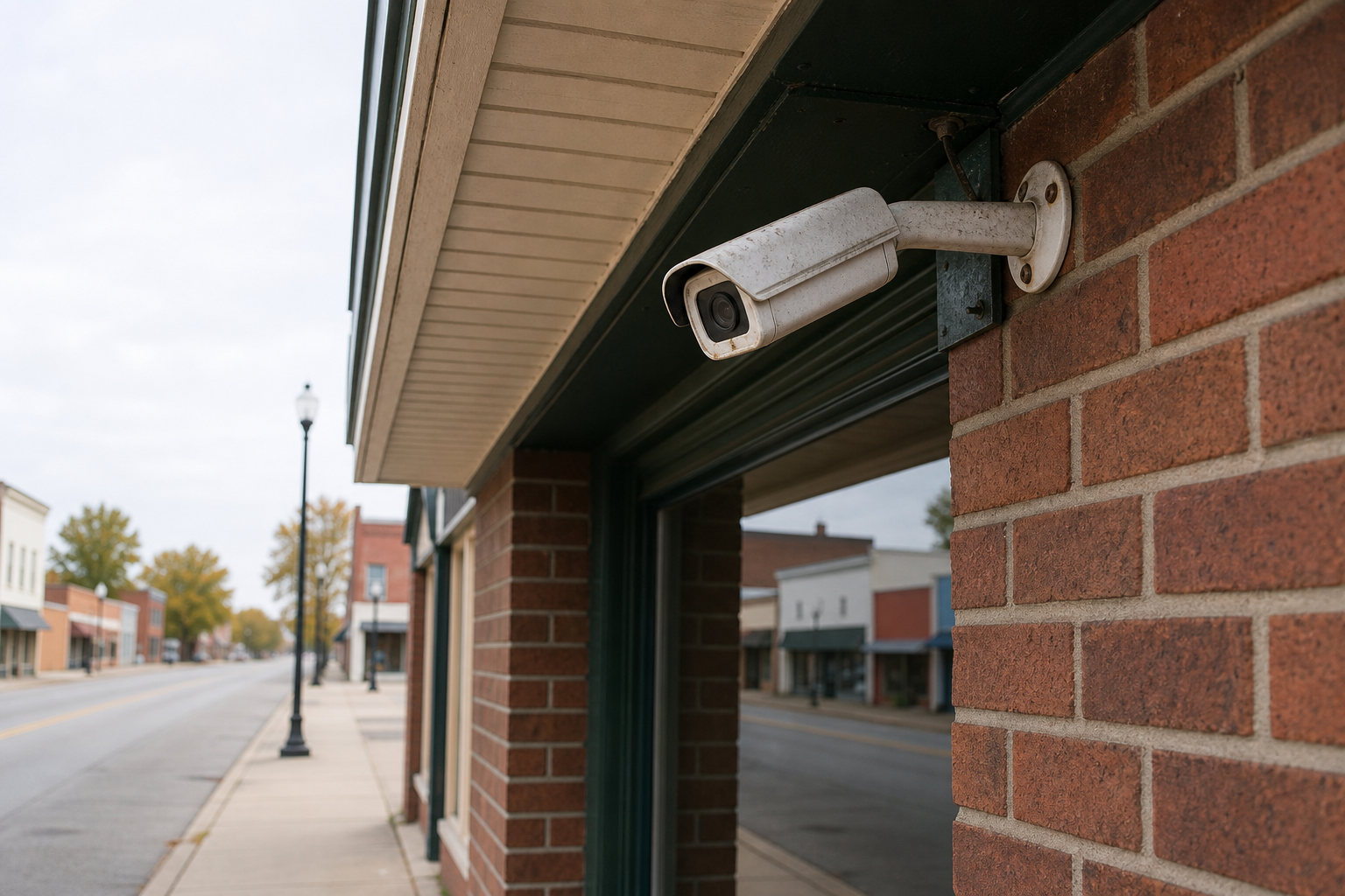 A business security camera near a Fort Wayne intersection, representing the kind of private surveillance footage that can prove who ran a red light in an Allen County crash.