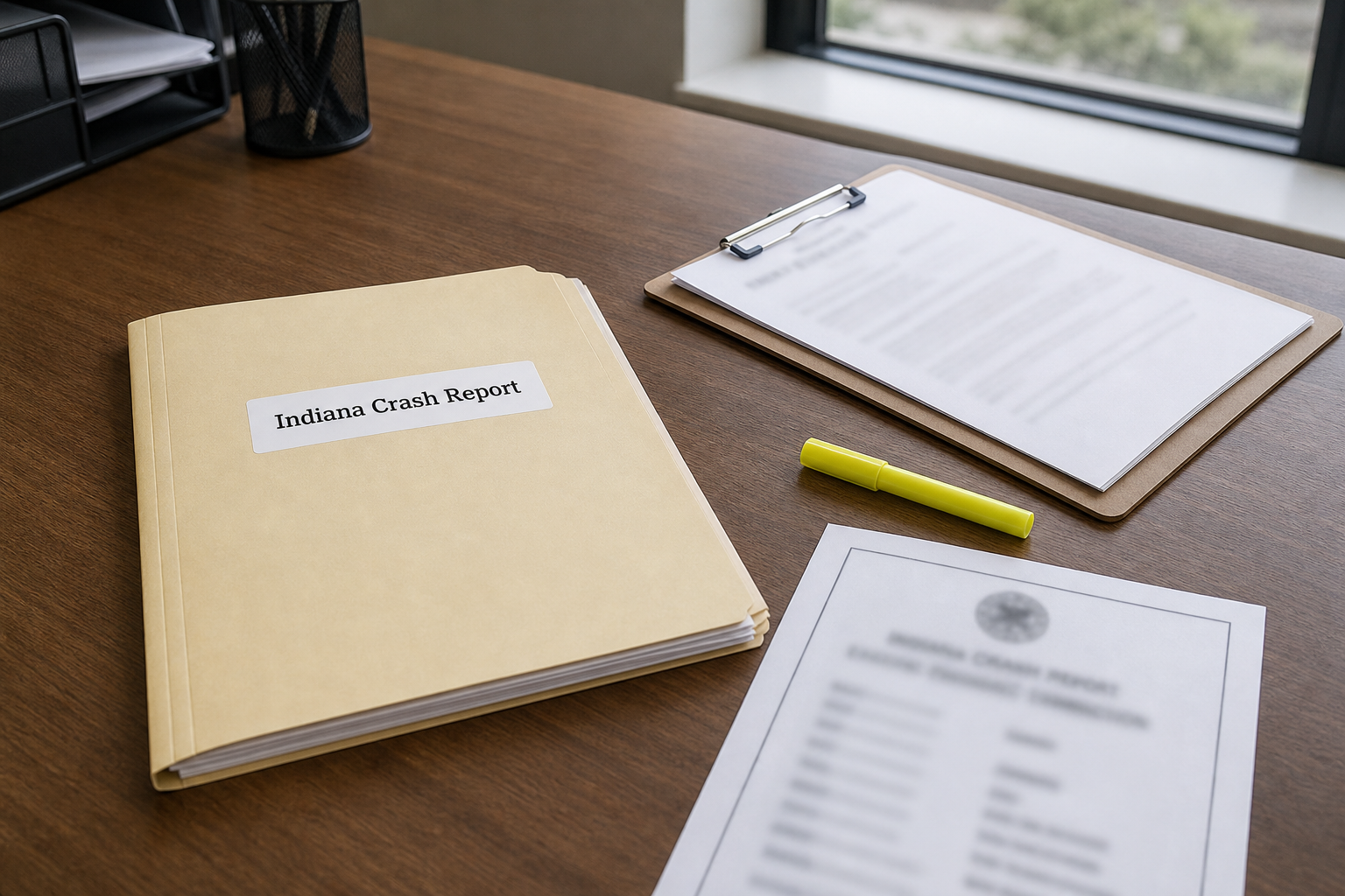 Indiana crash report documents and coroner's report on a desk, representing the public records a family requests after a fatal Allen County interstate motorcycle crash.