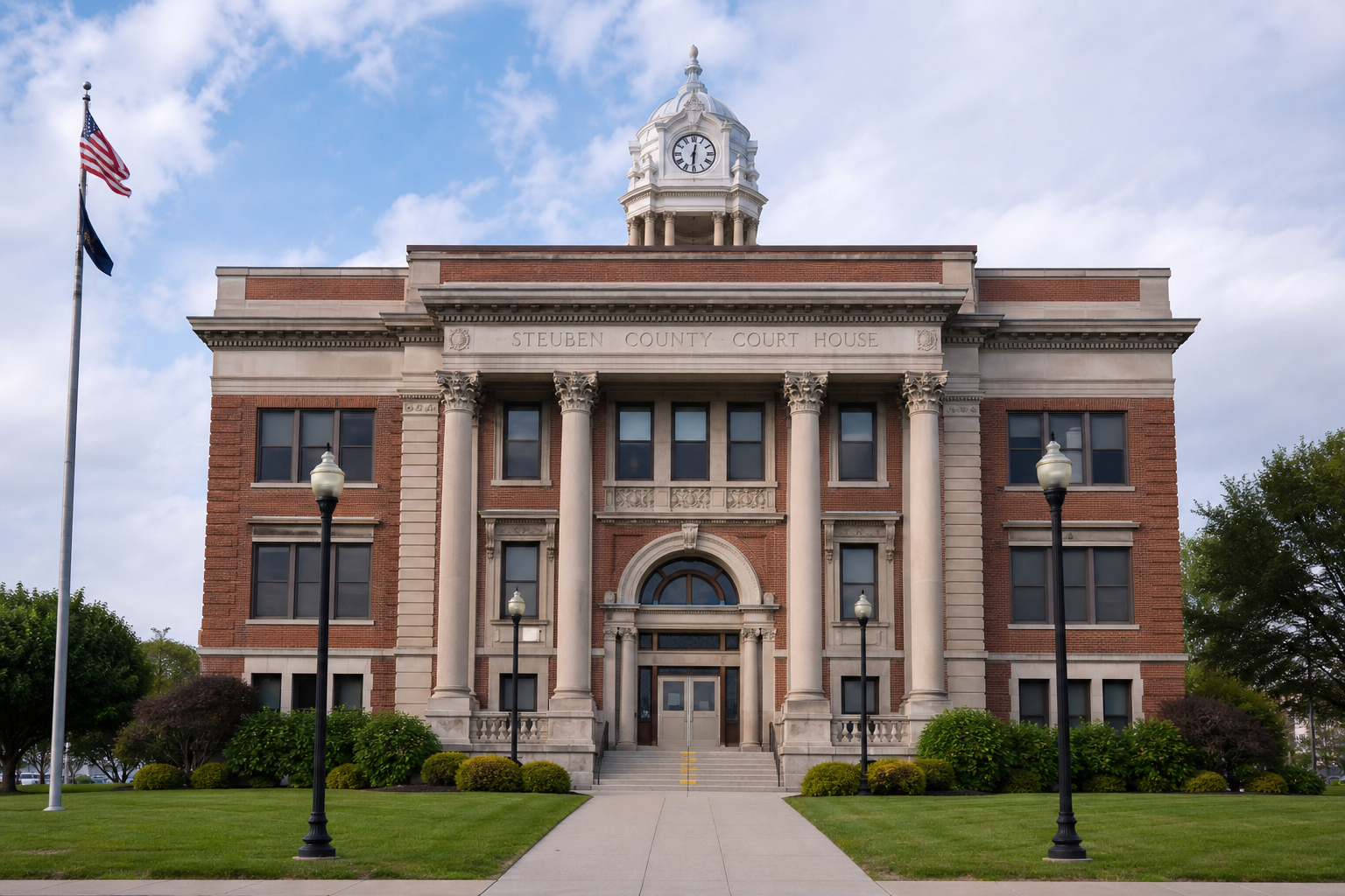 Steuben County courthouse in Angola, Indiana, where civil claims arising from Steuben County car crashes are filed.