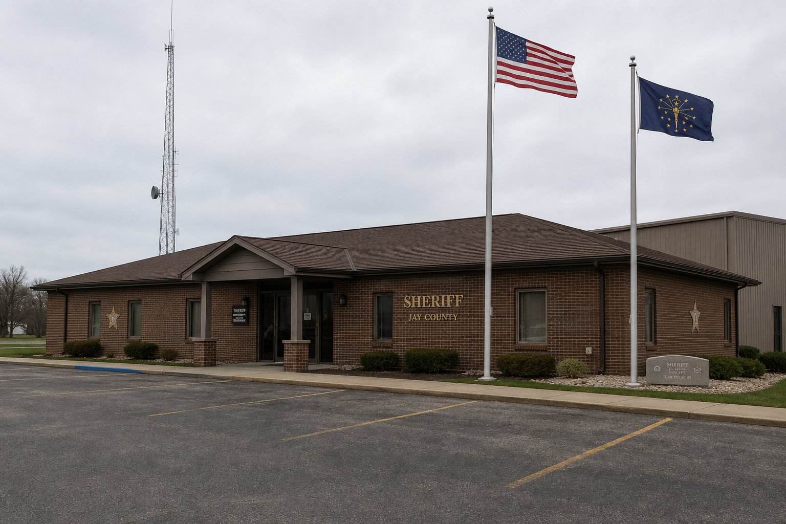 Exterior of a rural Indiana county sheriff's office, the type of agency that investigates serious interstate crashes like the I-69 chain-reaction wreck in Huntington County.