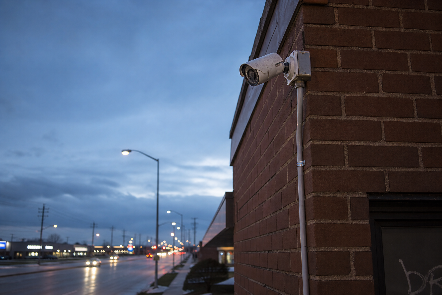 Exterior security camera on a commercial building along a Fort Wayne arterial, representing surveillance footage preservation in a hit-and-run investigation