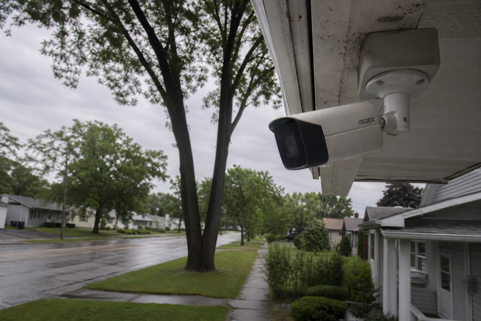 Residential security camera along a southeast Fort Wayne arterial similar to Hessen Cassel Road, illustrating how surveillance footage can preserve evidence after an Allen County intersection crash.
