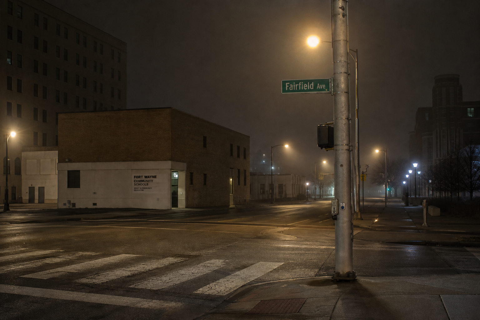 Faded Fairfield Avenue street sign under a streetlight near the Electric Works district in south Fort Wayne, illustrating the dark conditions described in reporting about the moped crash.