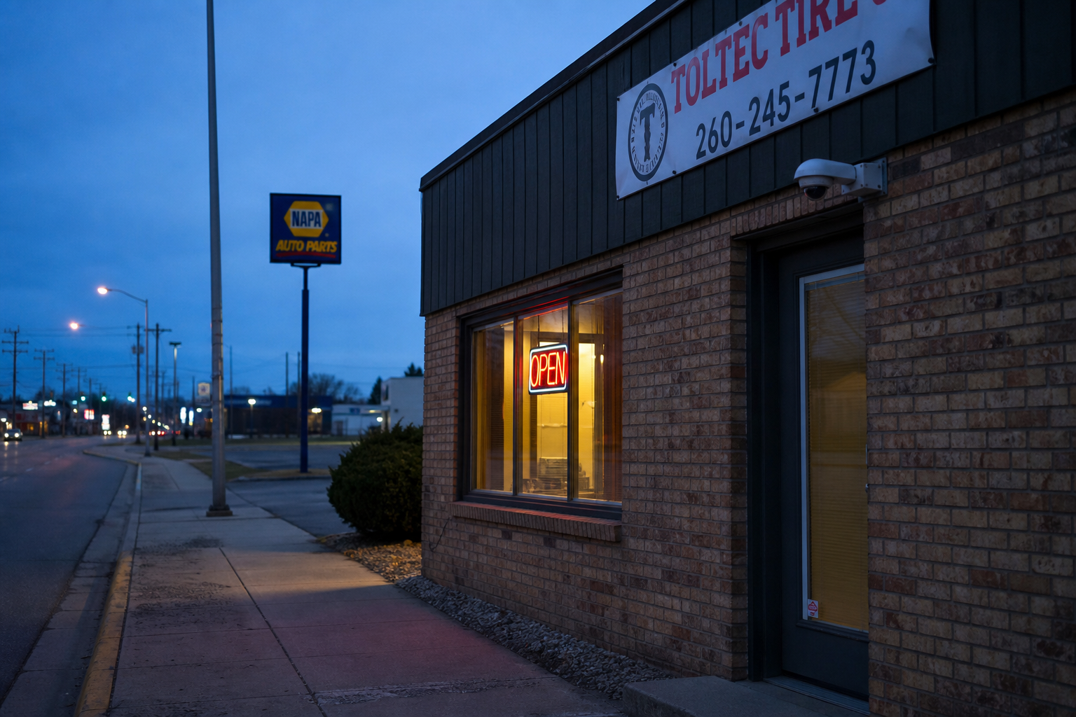 Storefront security camera along a south Fort Wayne arterial corridor, representing the kind of private surveillance footage that can be critical evidence after a single-vehicle moped crash.
