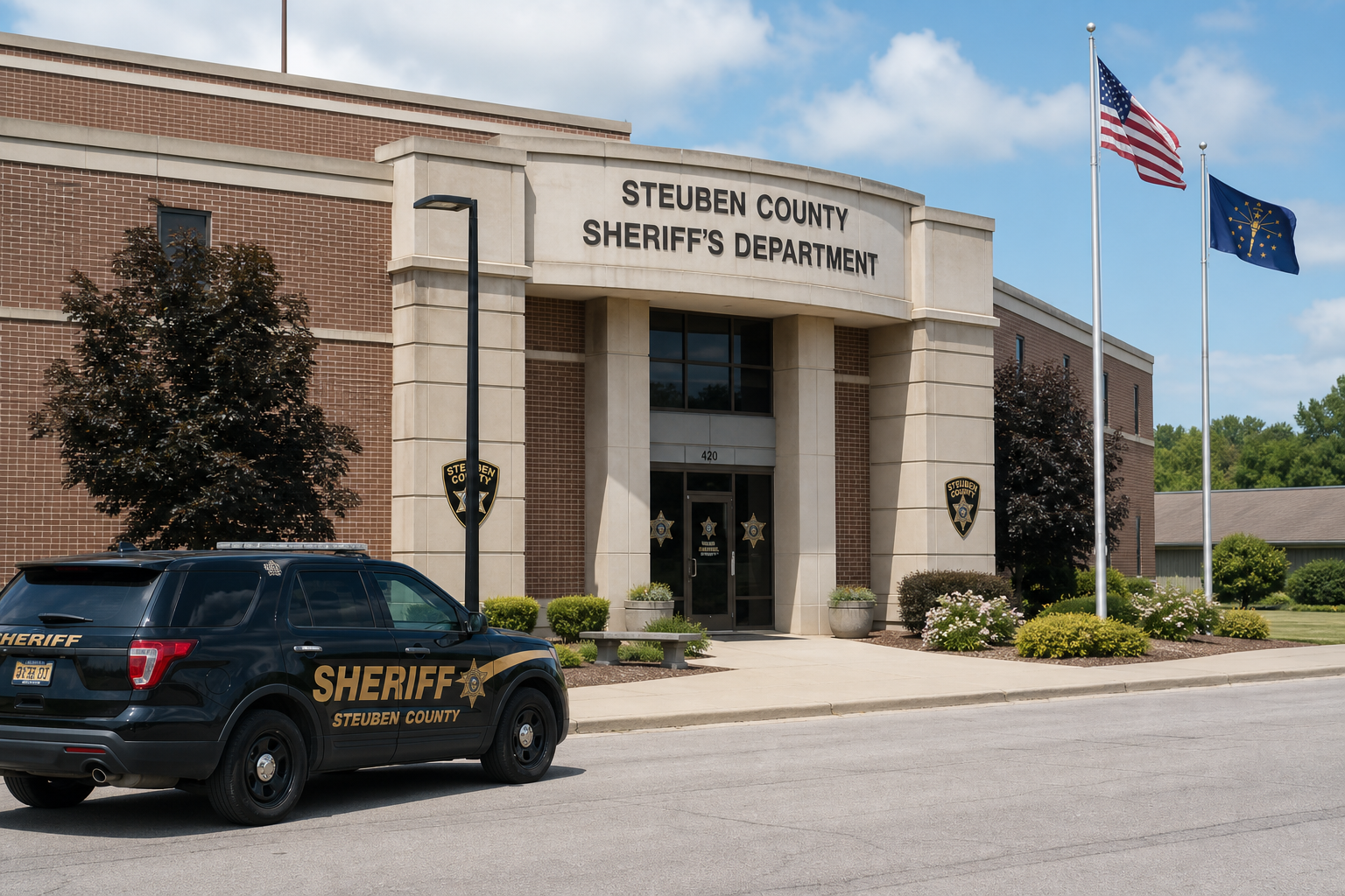 Exterior of the Steuben County Sheriff's Department in Angola, Indiana, the investigating agency for the Metz Road at U.S. 20 fatal crash.
