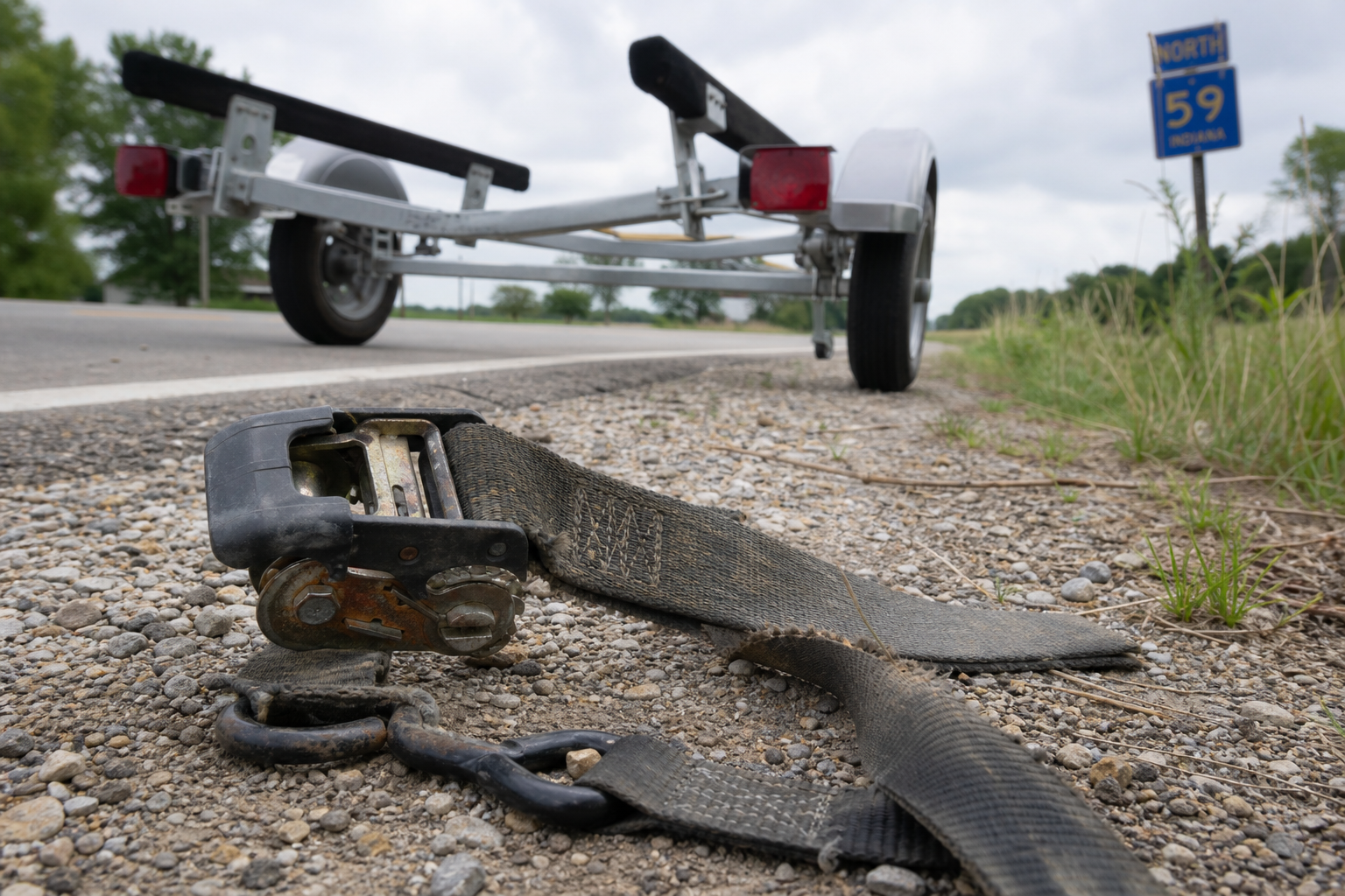 Boat trailer securement strap and ratchet hardware on a rural Indiana roadside, illustrating load-securement evidence in a towed-load crash investigation.