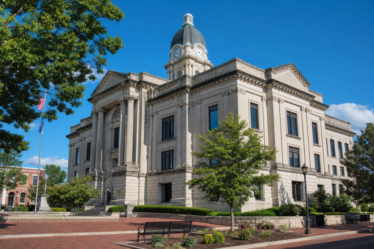 Steuben County Courthouse in downtown Angola, Indiana, where civil wrongful-death and criminal OWI cases from Steuben County are heard.