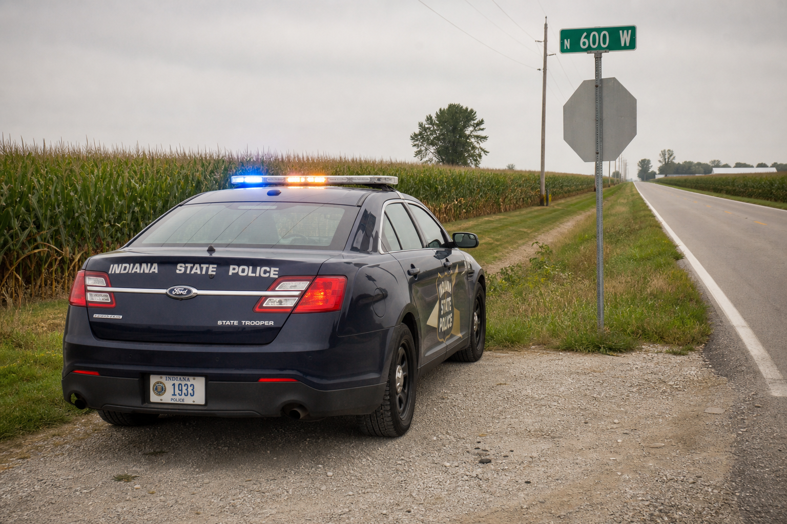Indiana State Police patrol car on the shoulder of a rural Jay County two-lane highway near a state road and county road intersection, representing the ISP investigation of the July 14, 2026 fatal dump-truck crash at SR-1 and CR-400 South