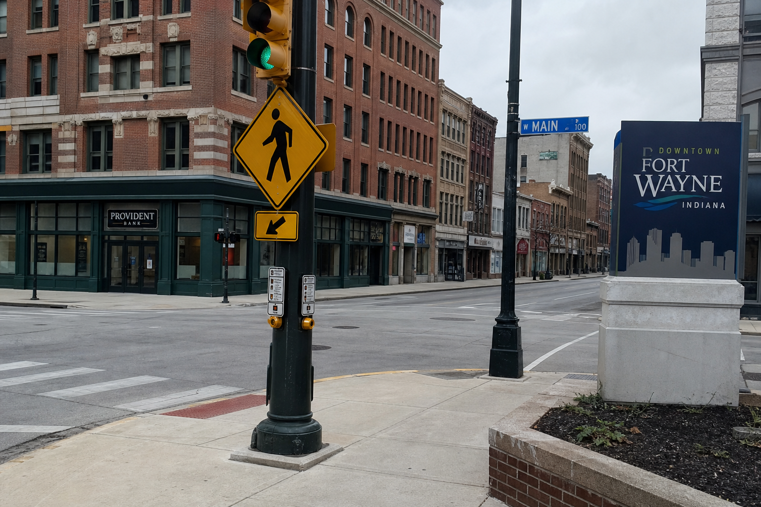 Pedestrian crosswalk sign and traffic signal at a downtown Fort Wayne intersection, illustrating the crosswalk and signal-phase questions central to this pedestrian crash investigation