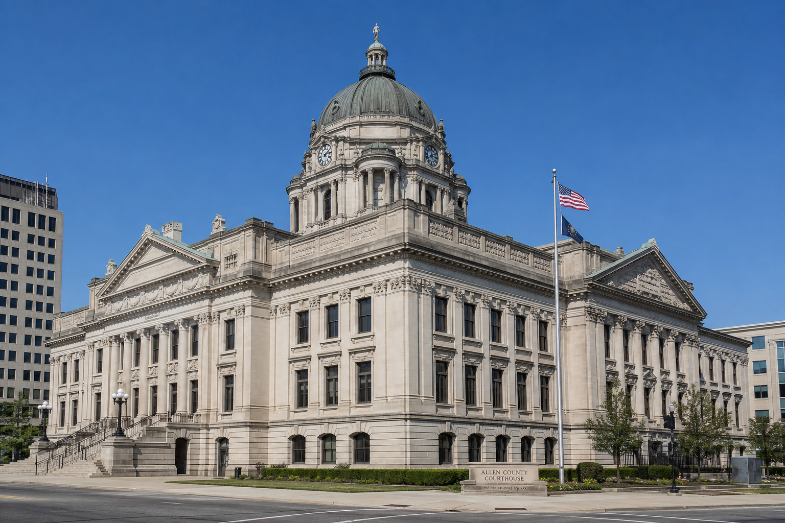Allen County Courthouse in downtown Fort Wayne, Indiana, representing the civil court venue for Indiana pedestrian injury claims arising from Allen County crashes