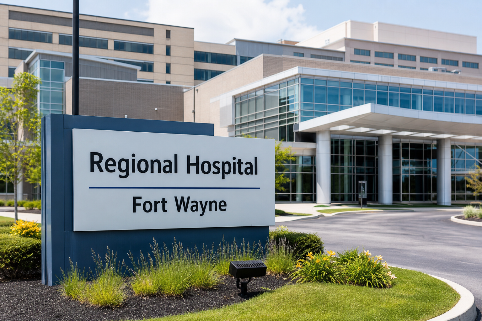 Exterior of a regional medical center in Fort Wayne, Indiana, where critically injured crash victims from Steuben County are typically transported for advanced trauma care