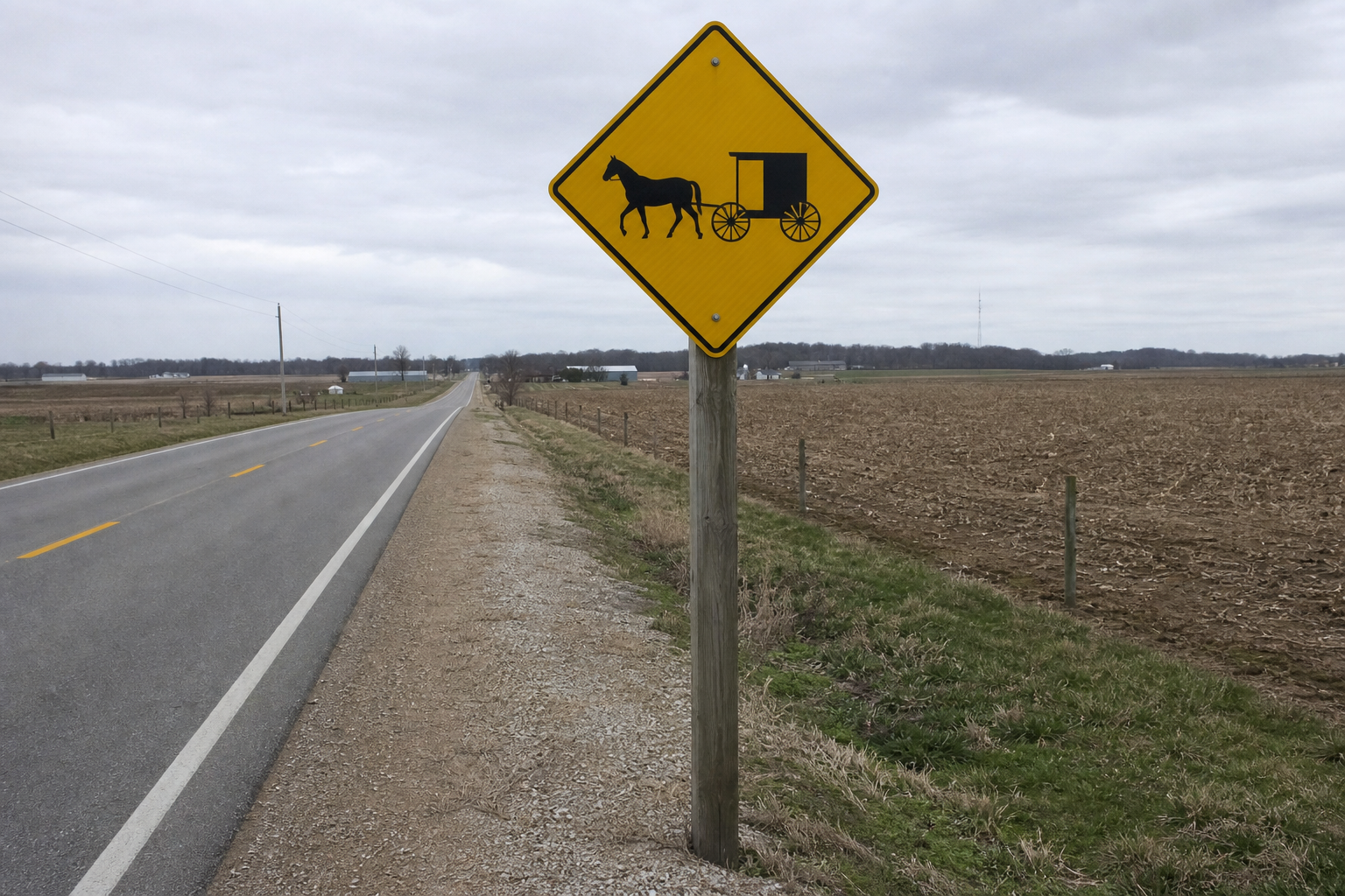 A horse-and-buggy caution sign along a rural LaGrange County, Indiana highway, marking a corridor shared by Amish buggies and motor vehicles.