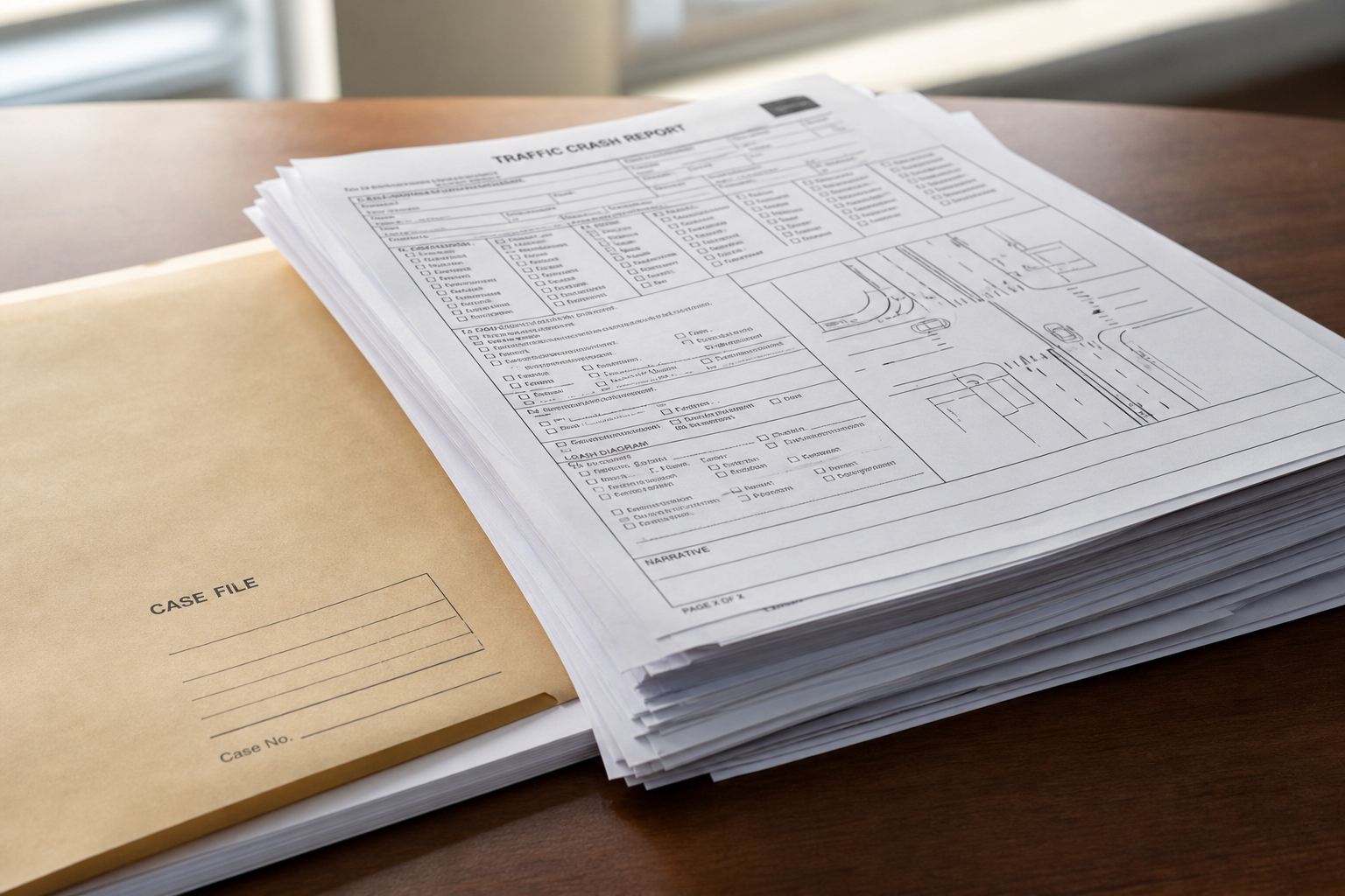Public records and a printed crash report document representing the official investigation into an Indiana rural highway buggy crash.