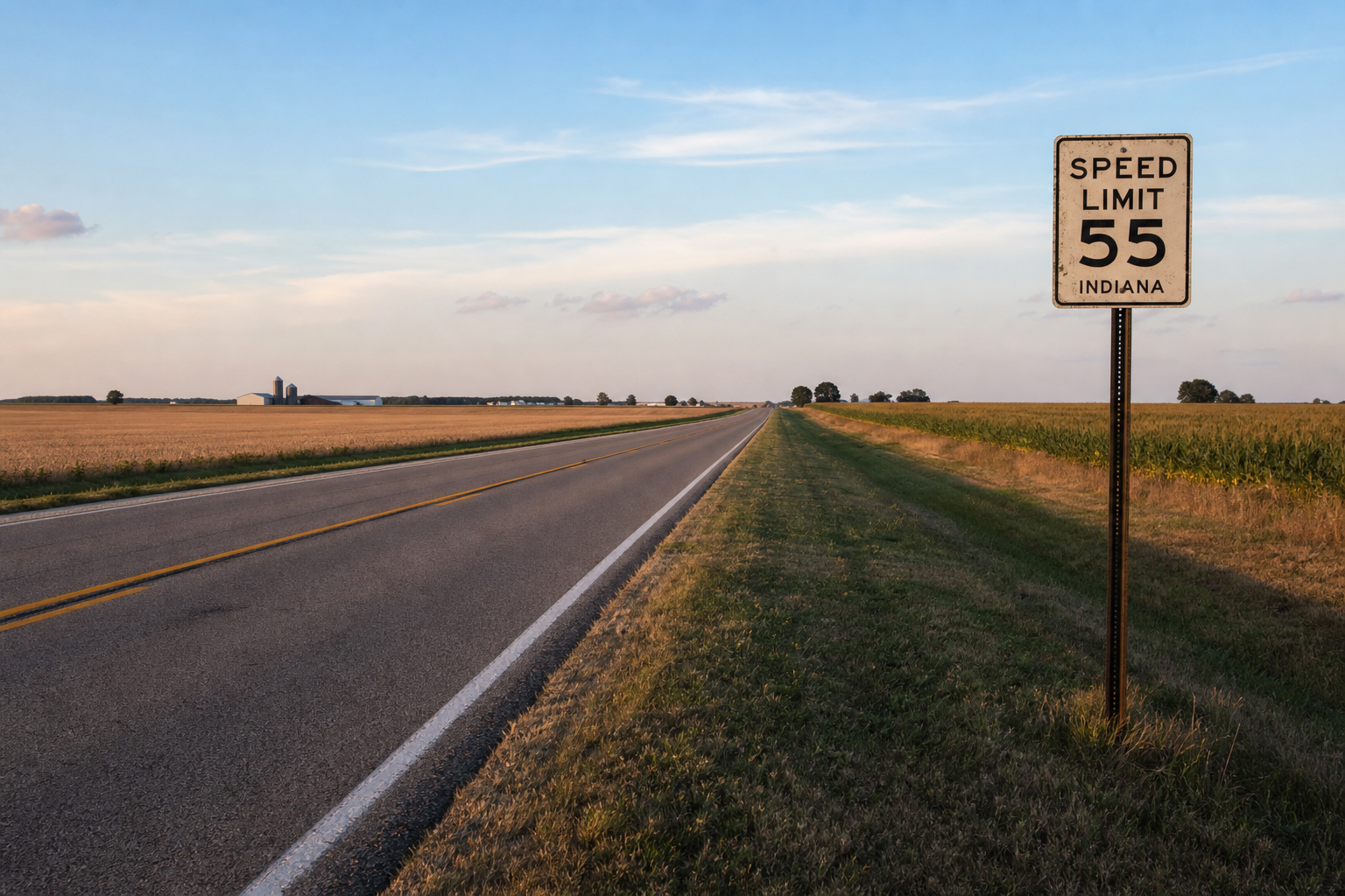 Empty stretch of a rural Indiana state highway similar to State Road 9 in Huntington County where a fatal crash with a turning semi occurred