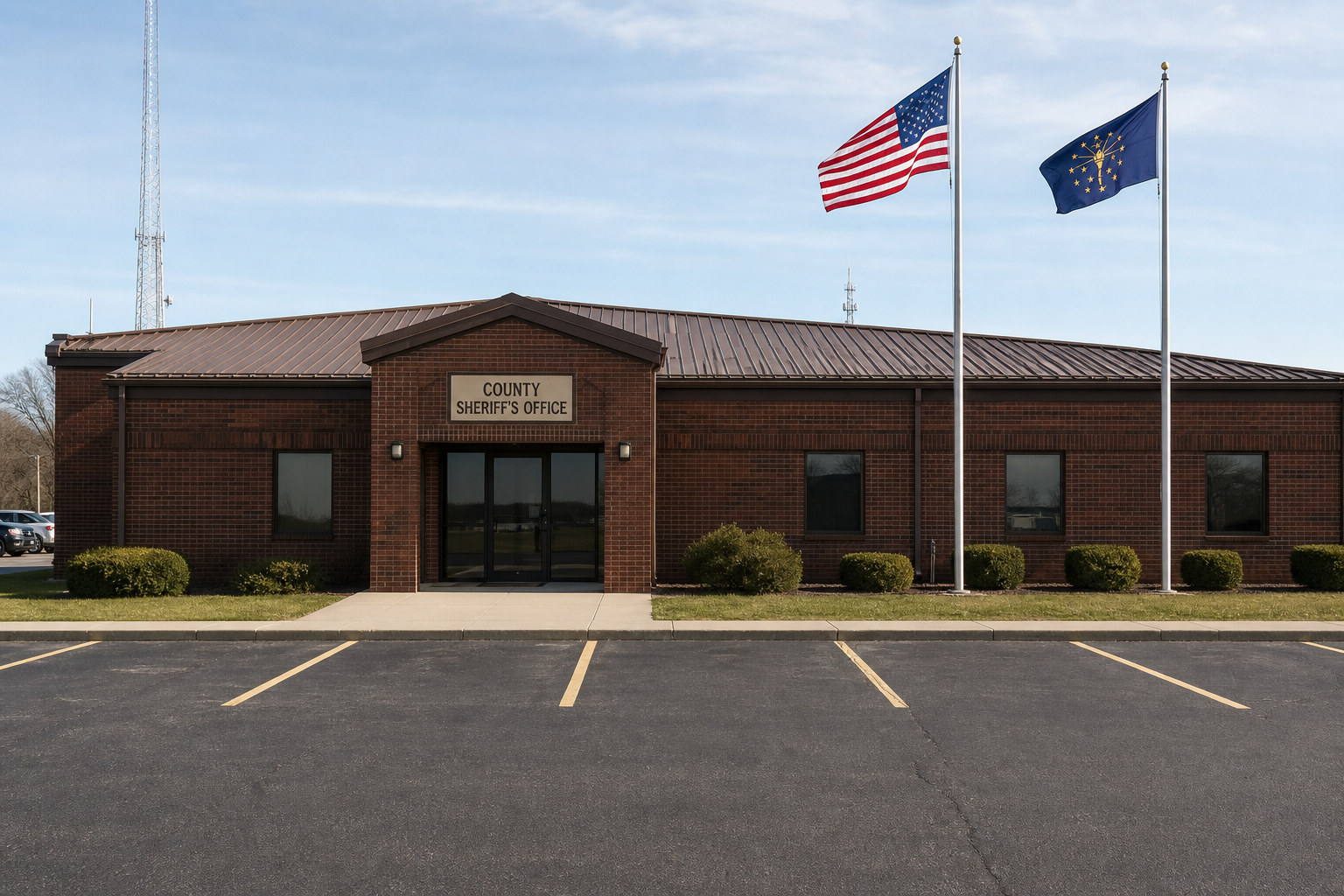 Exterior of a rural Indiana county sheriff's office building, representing the agency investigating a fatal Huntington County highway crash