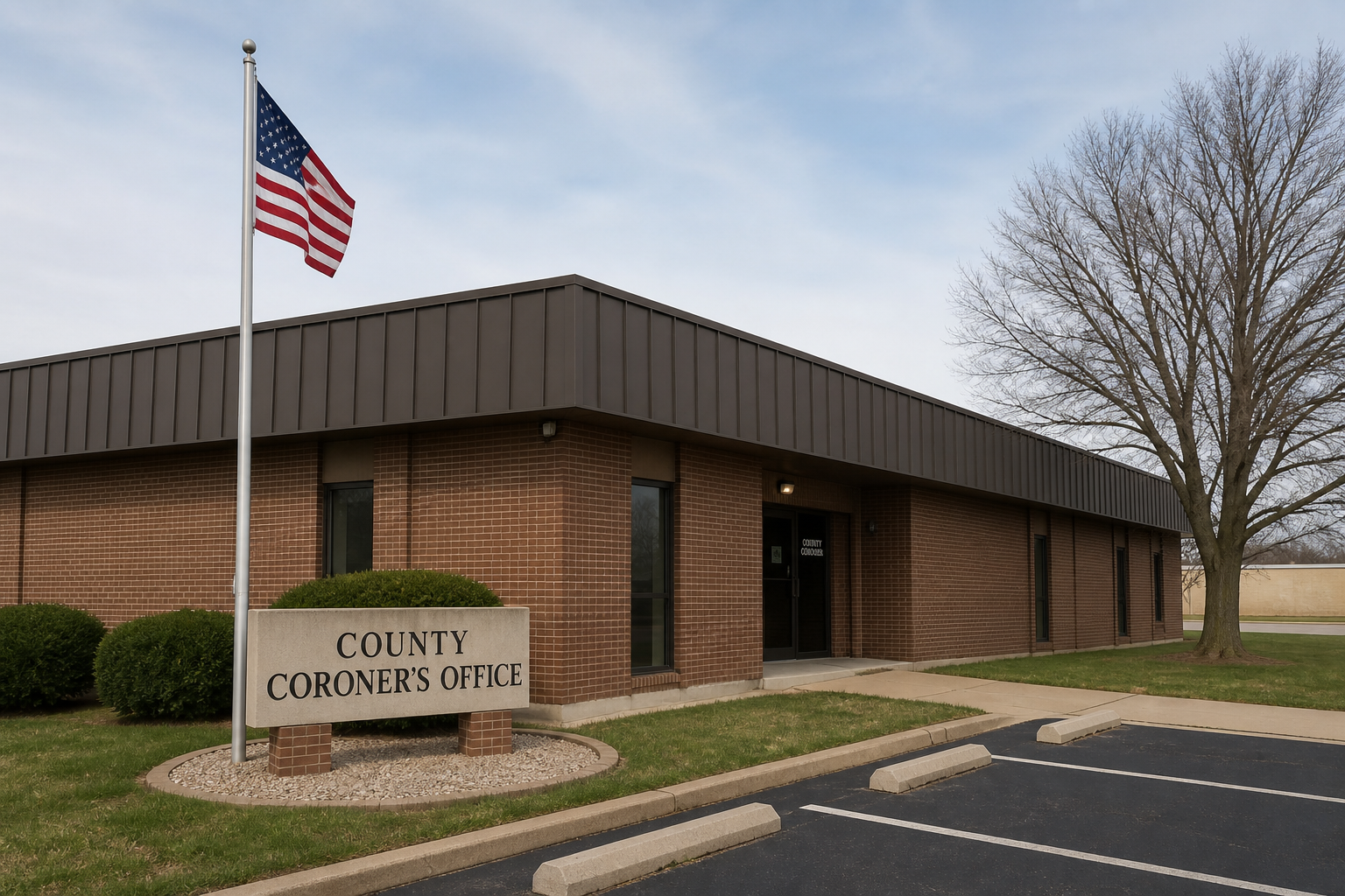 Exterior of a Marion County government building resembling the coroner's office that identified victims of the Indianapolis intersection crash