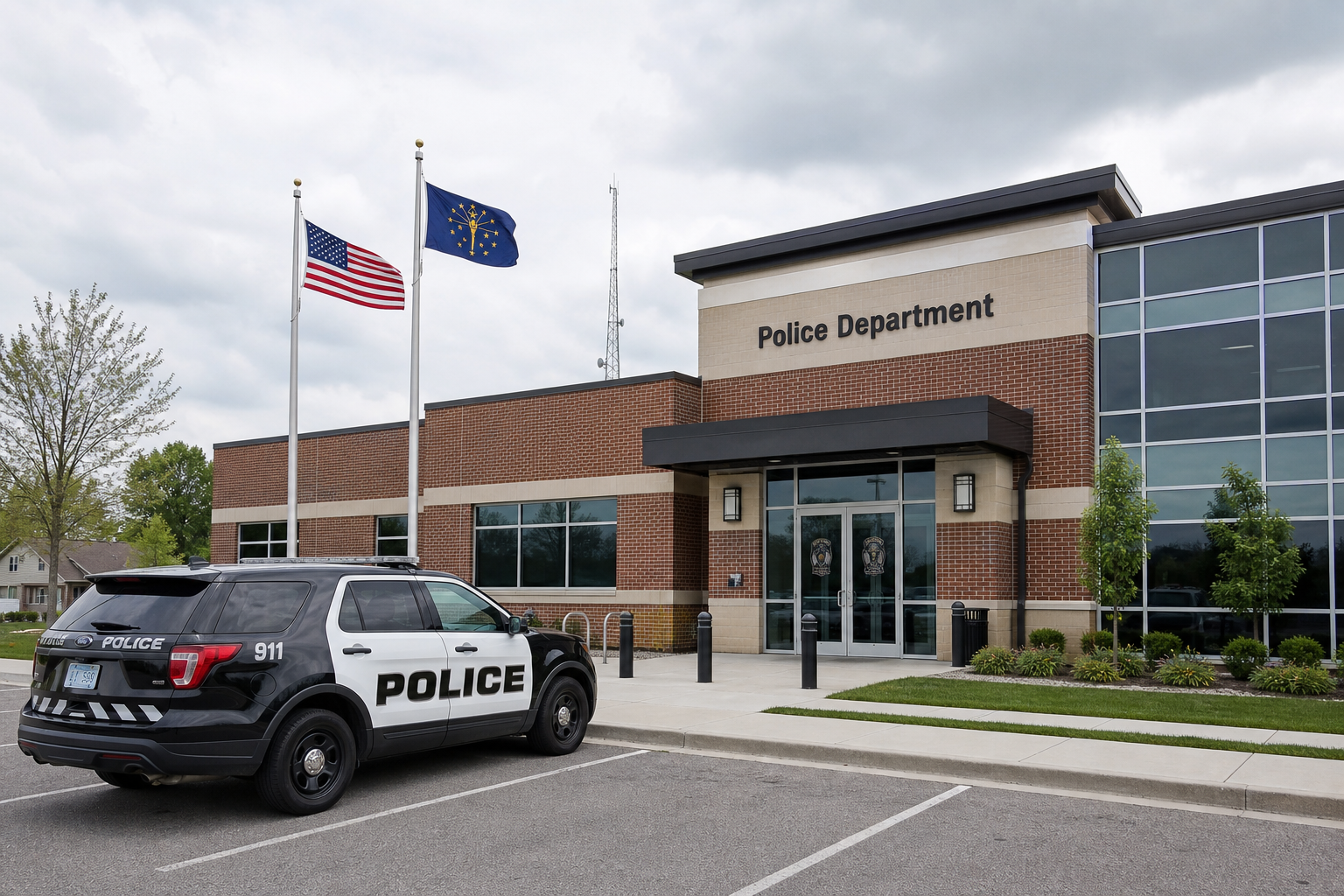 Exterior of a Fishers, Indiana police department building similar to the department investigating the fatal 96th and Allisonville roundabout crash