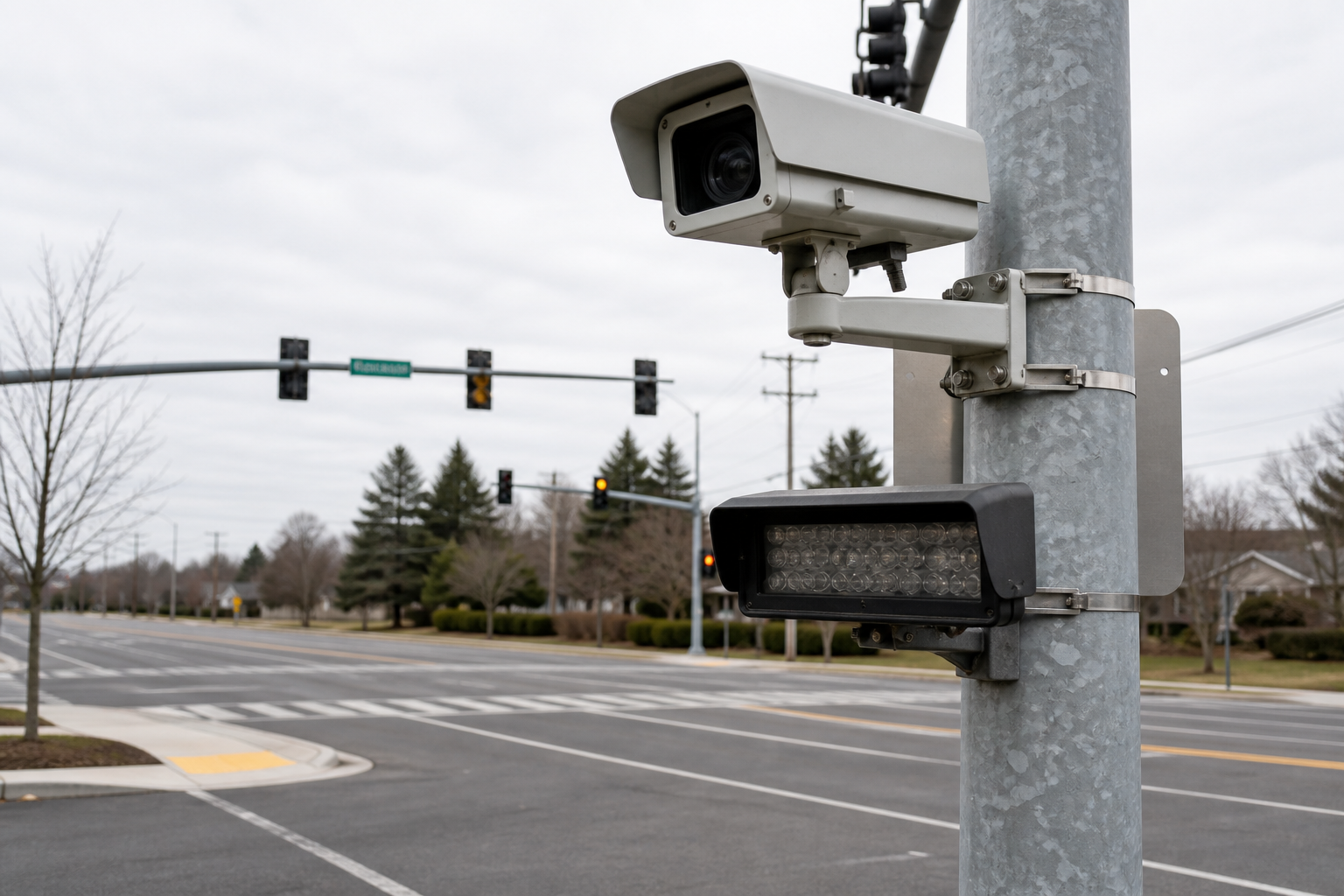 A license plate reader camera on a pole near a Fishers, Indiana intersection, the type of Flock camera footage cited by police in the roundabout crash investigation