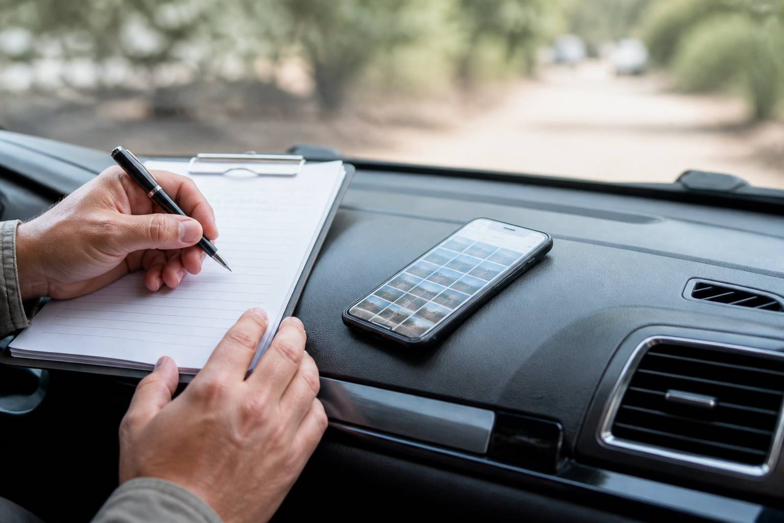 A close-up of someone documenting crash details and photos after a motorcycle accident, reflecting steps injured riders take to preserve evidence in Indiana.