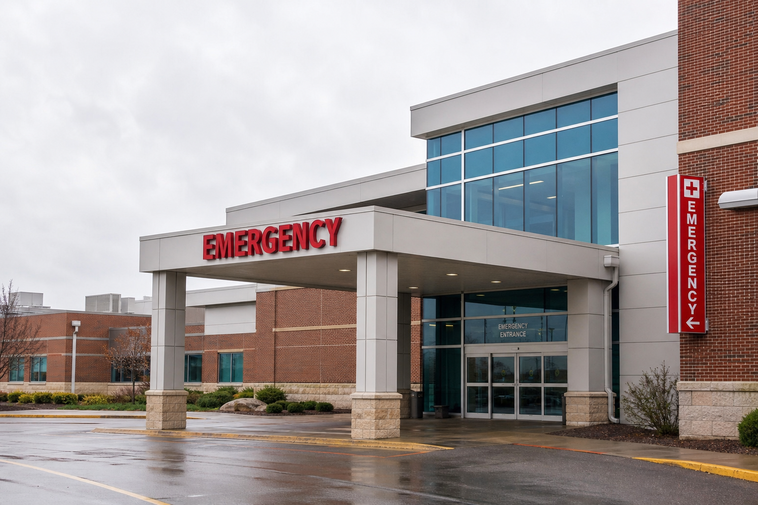 Hospital emergency entrance exterior in Evansville, Indiana, where crash victims were treated after the Lloyd Expressway collision